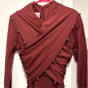 Vintage Oberon Maroon Wrap Surplus Top Fit Flare Midi Dress 6 Gold Bell Charms